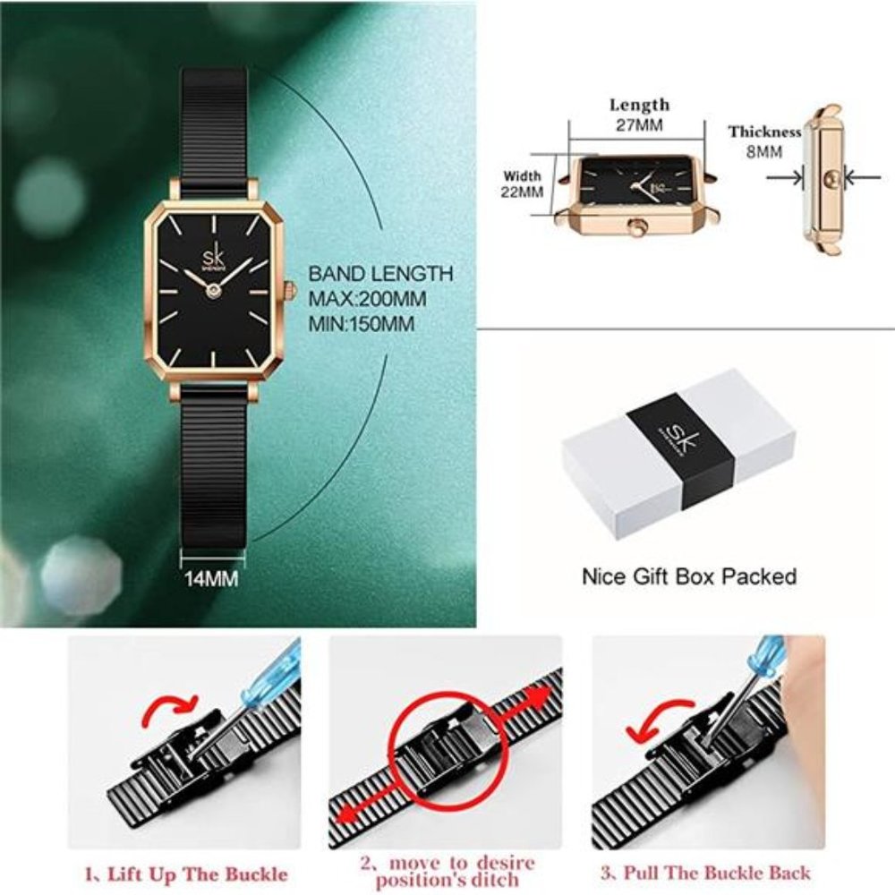 Unique Square Watch Women with Stainless Steel Mesh Band Genuine Leather Watch - Picture 5 of 6